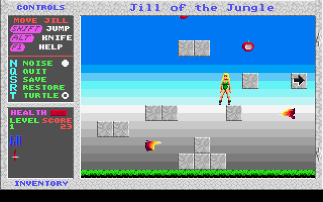 Jill of the Jungle gameplay: Jill standing on stone blocks against a blue sky, with health, level and score panels alongside